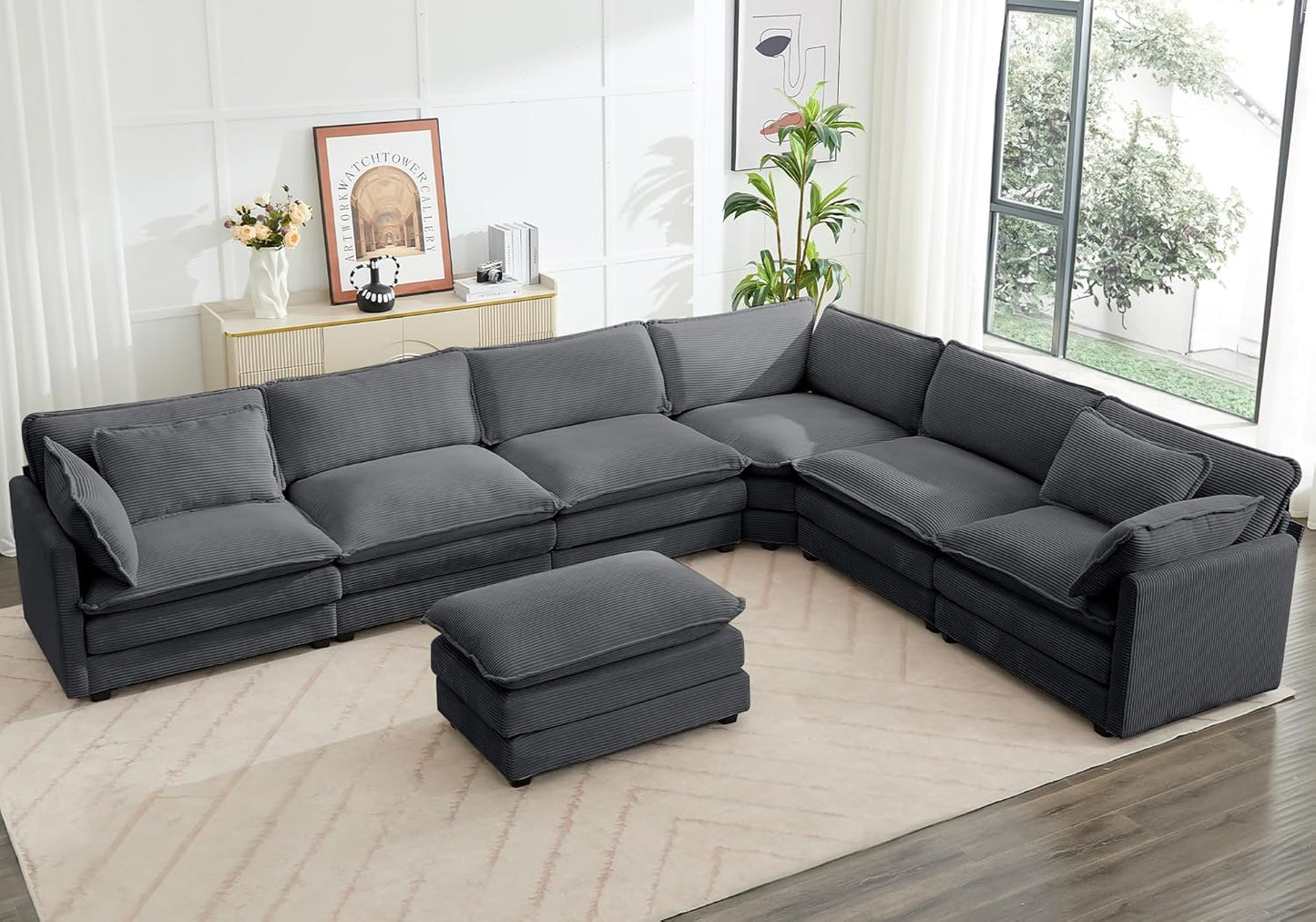 ROWHY 150'' Modular Sectional Sofa Cloud Couch, Corner Sofa Big Comfy Corduroy Oversized L Shaped Couch with 4 Pillows, Chaise, Ottoman, Deep Seat Couches for Living Room Office, Dark Grey