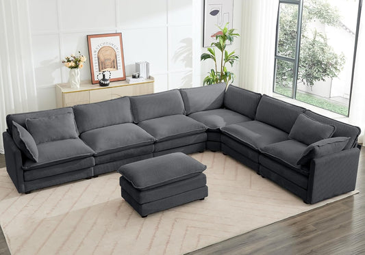 ROWHY 150'' Modular Sectional Sofa Cloud Couch, Corner Sofa Big Comfy Corduroy Oversized L Shaped Couch with 4 Pillows, Chaise, Ottoman, Deep Seat Couches for Living Room Office, Dark Grey