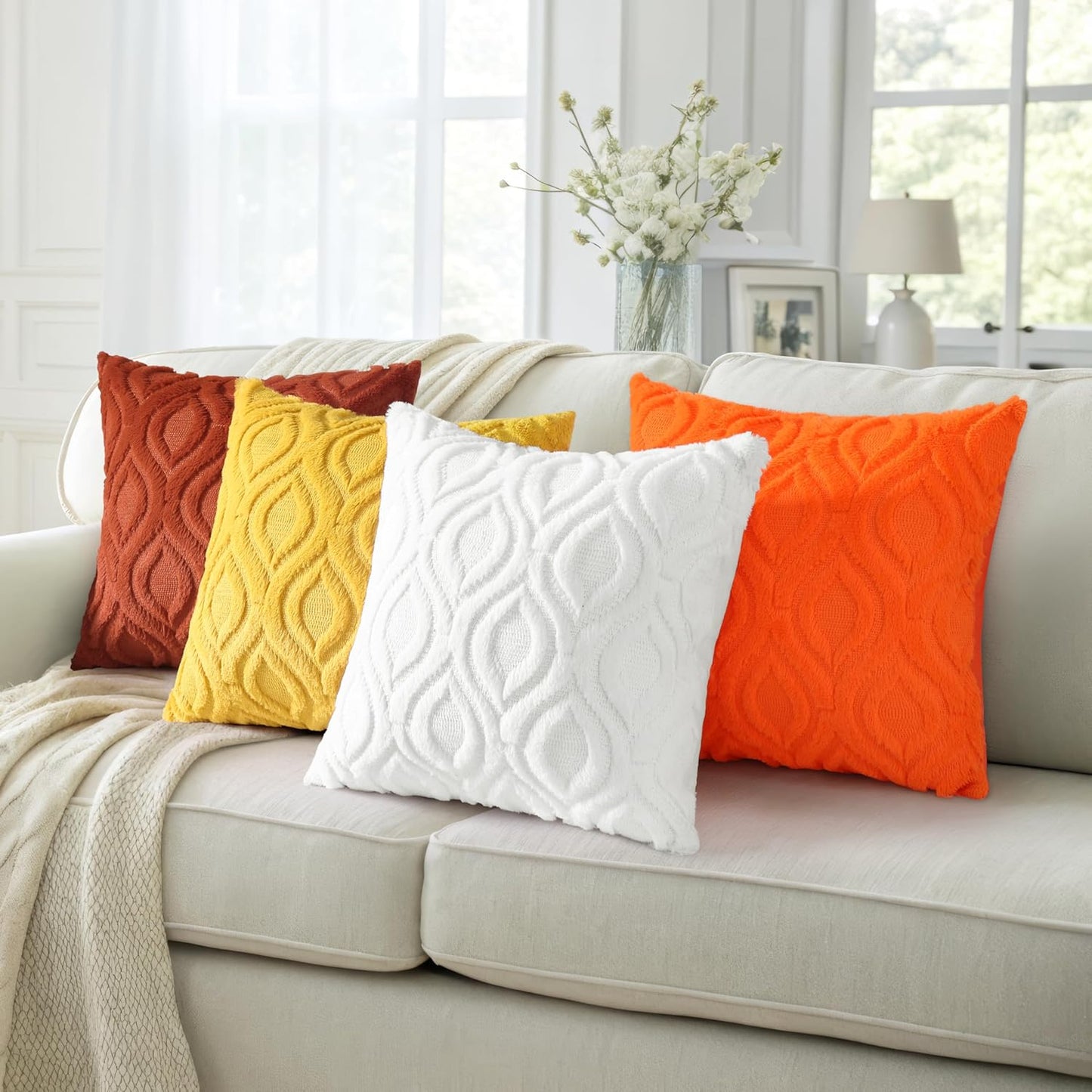 decorUhome Fall Throw Pillow Covers 20x20 Inch Set of 2, Soft Plush Decorative Faux Fur Orange Solid Couch Pillow Covers, Accent Farmhouse Neutral Square Euro Pillow Cases for Sofa Bed Living Room