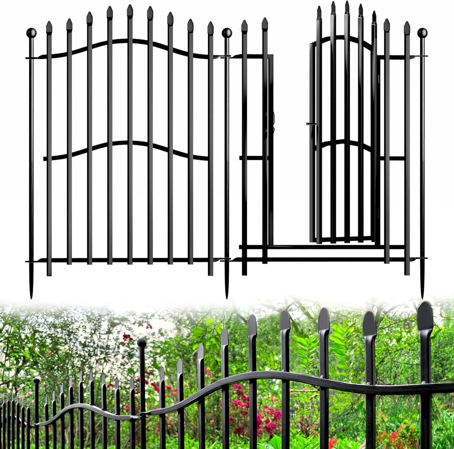 10 Panels No Dig Decorative Garden Fence with Gate - 32in H x 22.5ft L, Reinforced Square Tube Rustproof Tall Animal Barrier for Dogs & Rabbits, Outdoor Yard Border Fencing