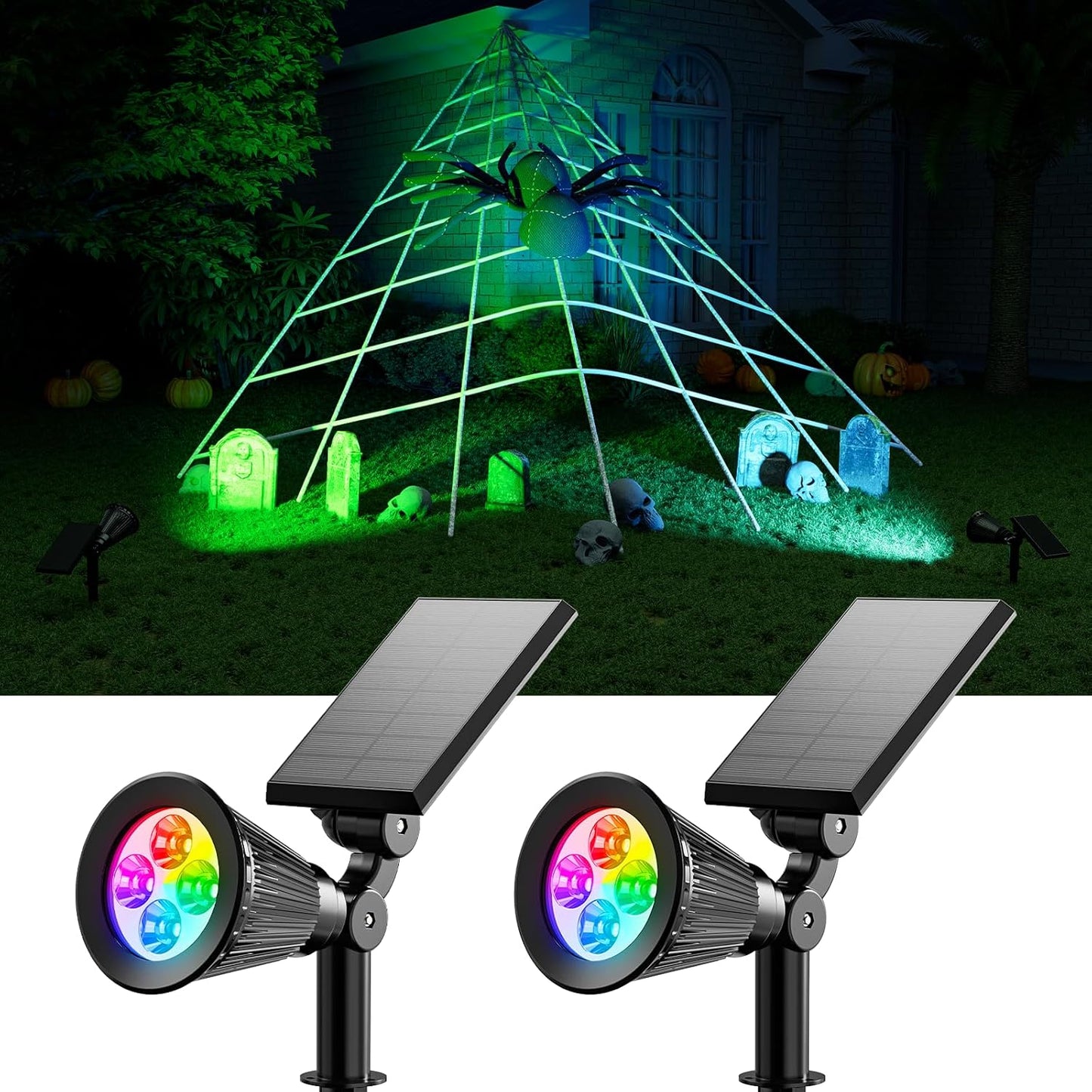 2 Pack Color Change Halloween Solar Spotlights Outdoor Rainbow Waterproof Landscape Uplights for Outside Decor, Skeletons, Ghost, Witch, Accent Lighting for Wall, House, Patio, Path, Pool, Walkway