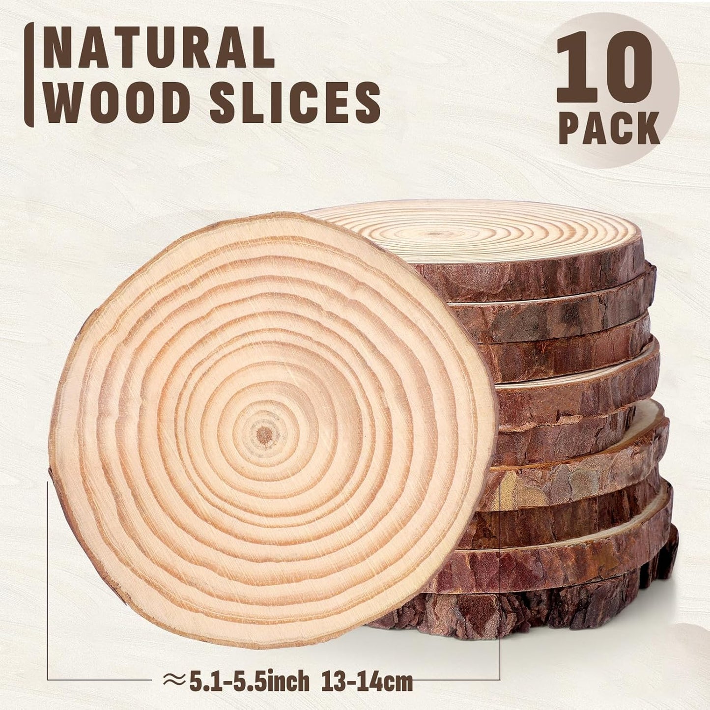 FUMILE Unfinished Natural Wood Slices 5.1-5.5 Inch, 10 PCS Round Wooden Discs with Tree Bark, Wood Slices for Centerpieces for Handmade Crafts, Wood Circles for Rustic Wedding Decoration