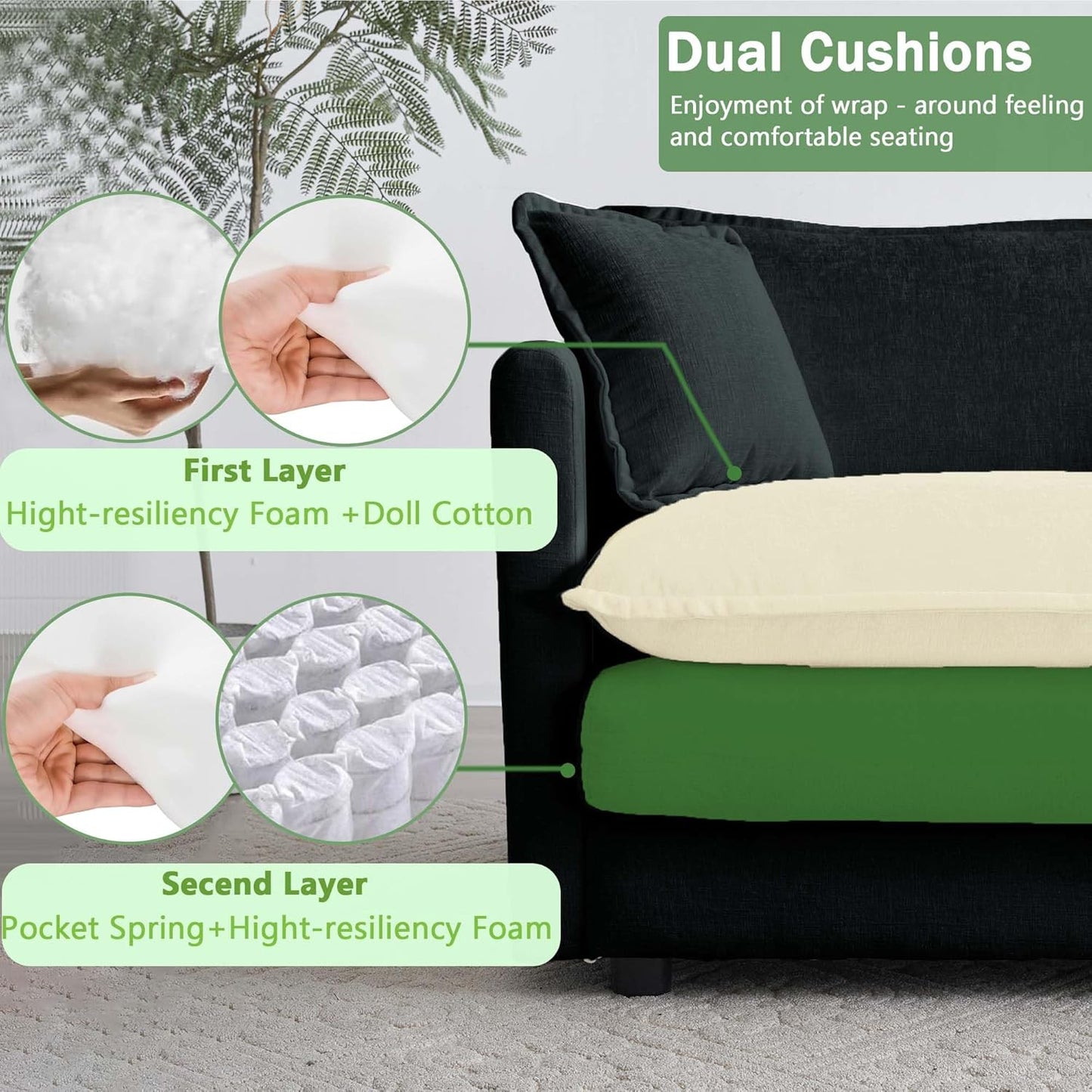 Sectional Sofa 3 Seater with Movable 2 Ottomans,Oversized Modular Couch Deep Seat (Black, 111.5 inch-U)