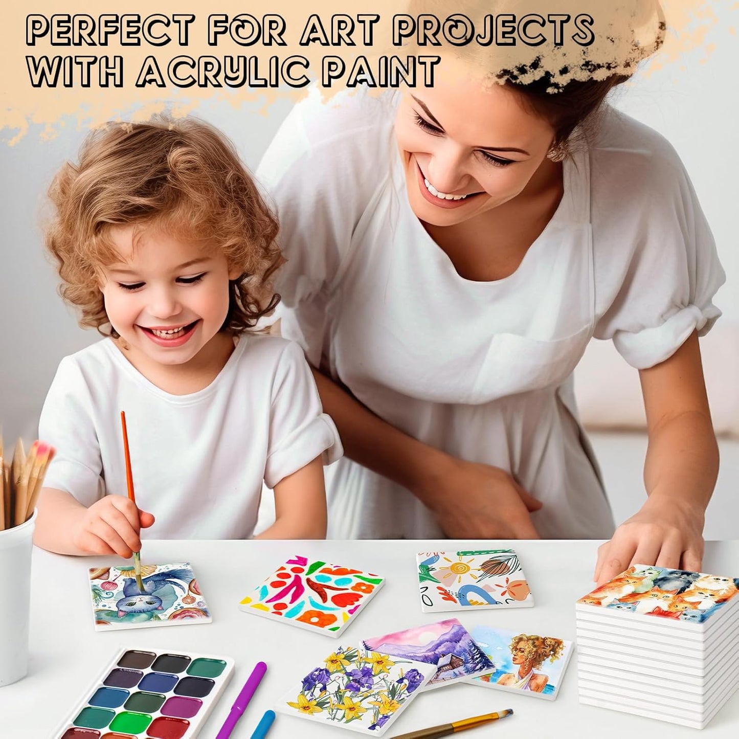 Ceramic Tiles for Crafts, GOH DODD 36 Pack Unglazed Blank Coasters with Cork Backing for Alcohol Ink Painting Acrylic Pouring Art Projects Housewarming Gifts Wedding School Education, 4 Inch