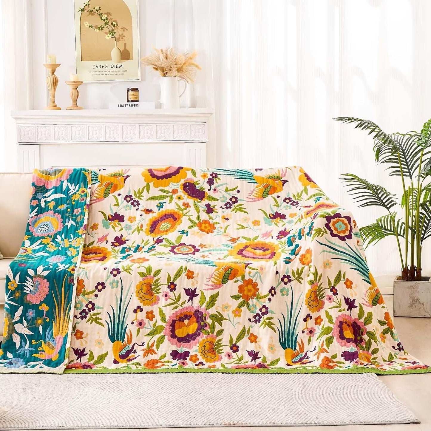 Boho Throw Blanket for Bed, 100% Cotton Soft Rustic Quilt Fall Blanket, 90"x98" Floral Printed Farmhouse Decor Bed Blankets, All Season Rustic Reversible Bohemian Throw Quilt