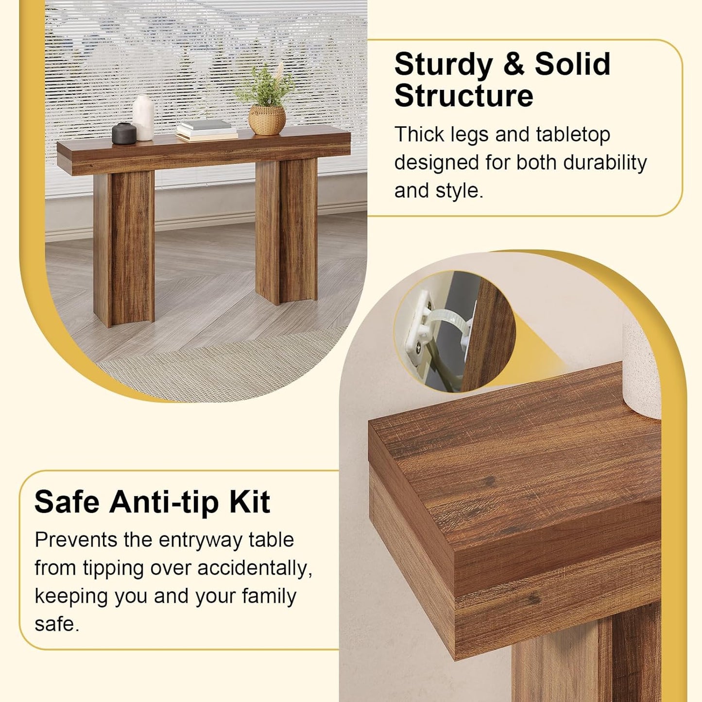 55Inch Farmhouse Console Table,Wooden Rectangular Sofa Table Behind The Couch,Entryway Console Table with Storage for Living Room, Hallway,Entrance (Light Brown)