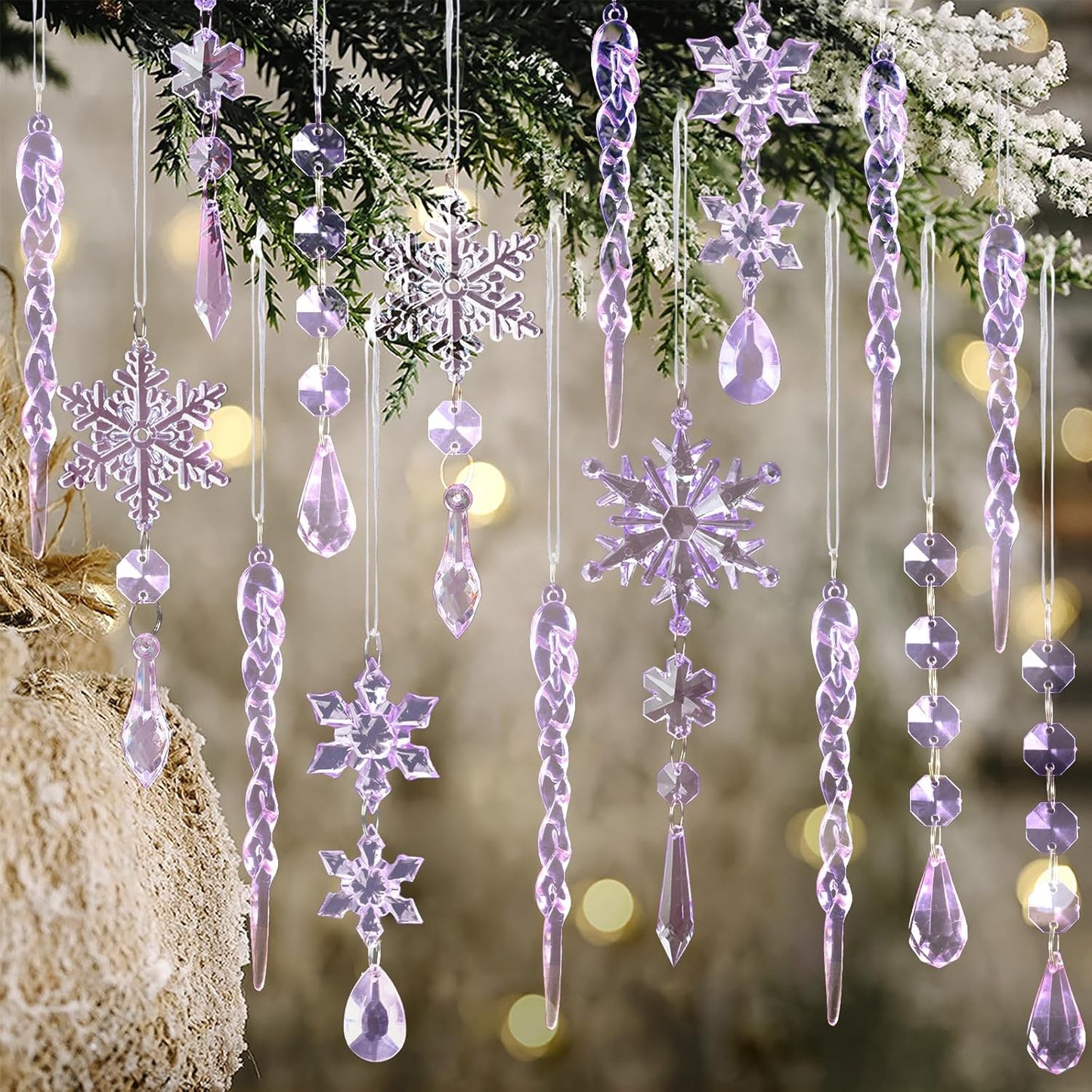 18pcs Crystal Christmas Ornaments for Christmas Tree Decorations-Purple Hanging Acrylic Snowflake and Icicle Ornaments with Drop Pendants for New Year Party Decorations Supplies