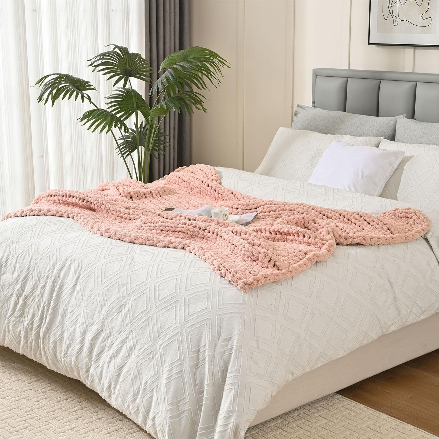 Esterra Chunky Knit Blanket Throw 40"x50", 100% Hand Knitted Chenille Throw Blanket, Cozy Soft Thick Cable Knit Throw Large Rope Knot Crochet Throw Blanket for Sofa Couch Bed, Dusty Pink