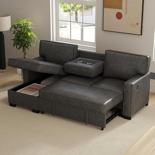 EBELLO Convertible Sleeper Sofa 3 in 1, Faux Leather Modern L-Shaped Couches for Living Room, Pull Out Sectional Futon Sofa Bed with Storage Space, USB Ports and Cup Holders for Bedroom