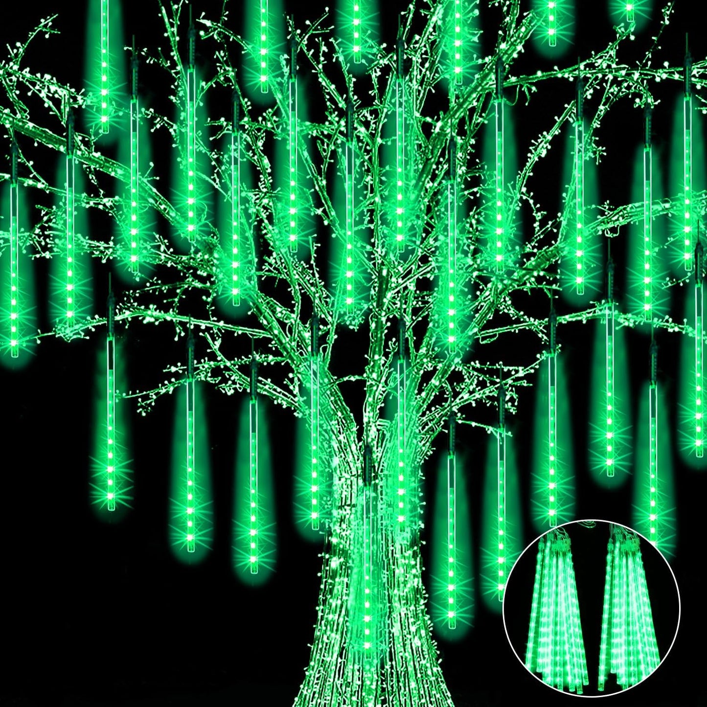 4 Pack Christmas Meteor Shower Rain Lights, 20-Inch 40 Tube 1440 LEDs Icicle Outdoor Raindrop Lights for Xmas, Halloween, Wedding, Party, Tree, Holiday Decoration, Green