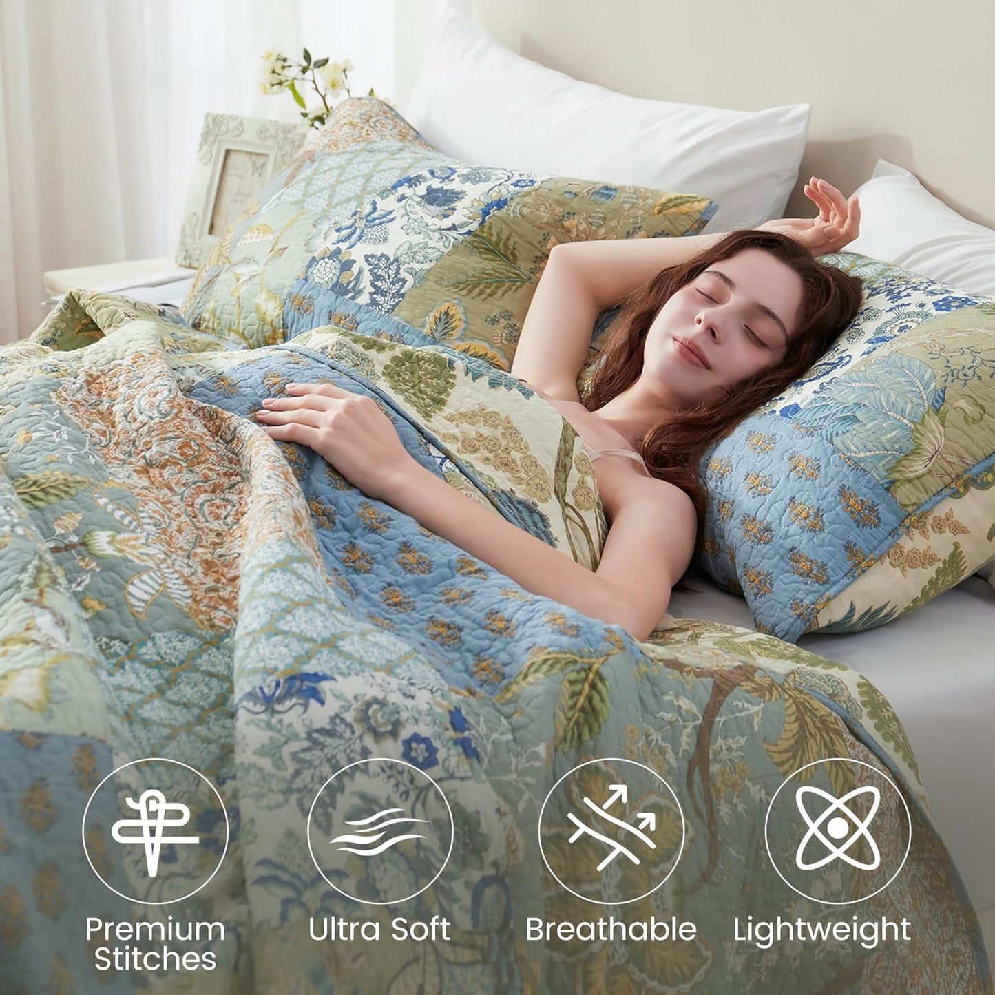 NEWLAKE Quilt Set King Size, 100% Cotton Patchwork Green Bohemian Quilt Sets, Reversible Bedspread Lightweight and Breathable for All Seasons, Soft Quilted Bedspread with 2 Pillow Shams