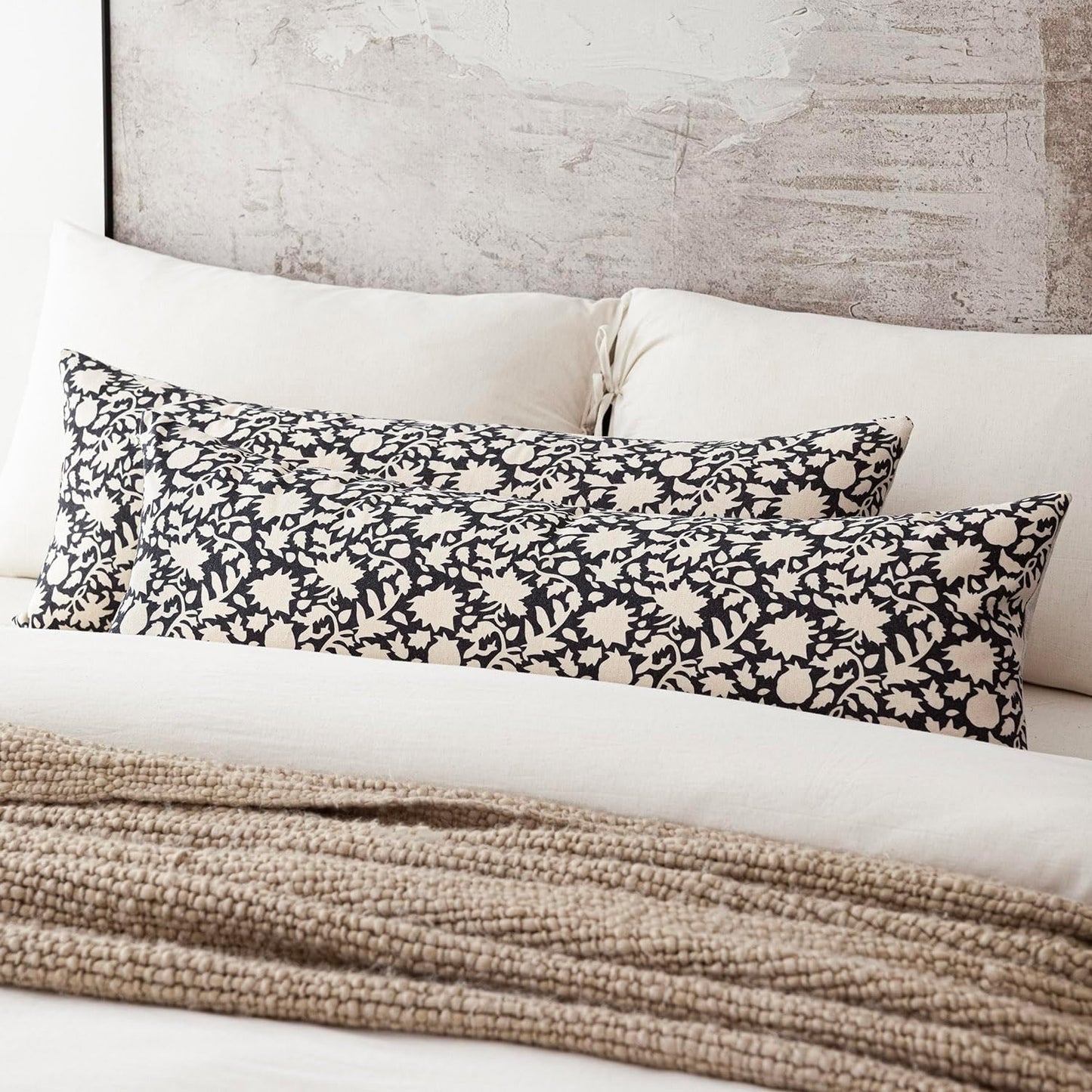 Foindtower Set of 2 Decorative Long Body Lumbar Throw Pillow Covers Accent Farmhouse Cushion Covers Neutral Vintage Pillowcase for Couch Sofa Bedroom Living Room Home Decor Outdoor14×36 Inch,Black