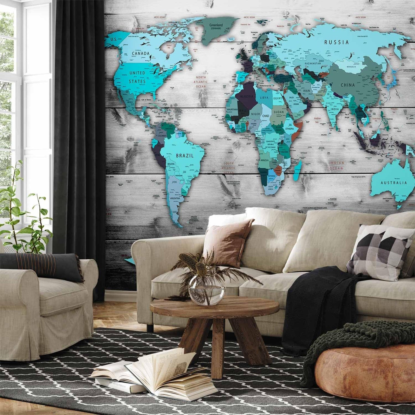 artgeist Premium Wall Mural World Map 138x101 in - XXL Non-Woven Wallpaper Fleece Wall Decor Photo Print Picture Image Design Home Map of The World k-B-0009-a-d
