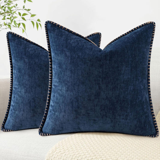 decorUhome Chenille Soft Throw Pillow Covers 20x20 Set of 2, Farmhouse Velvet Neutral Decorative Euro Pillow Covers with Stitched Edge for Couch Sofa Bed Home Decor, Poseidon