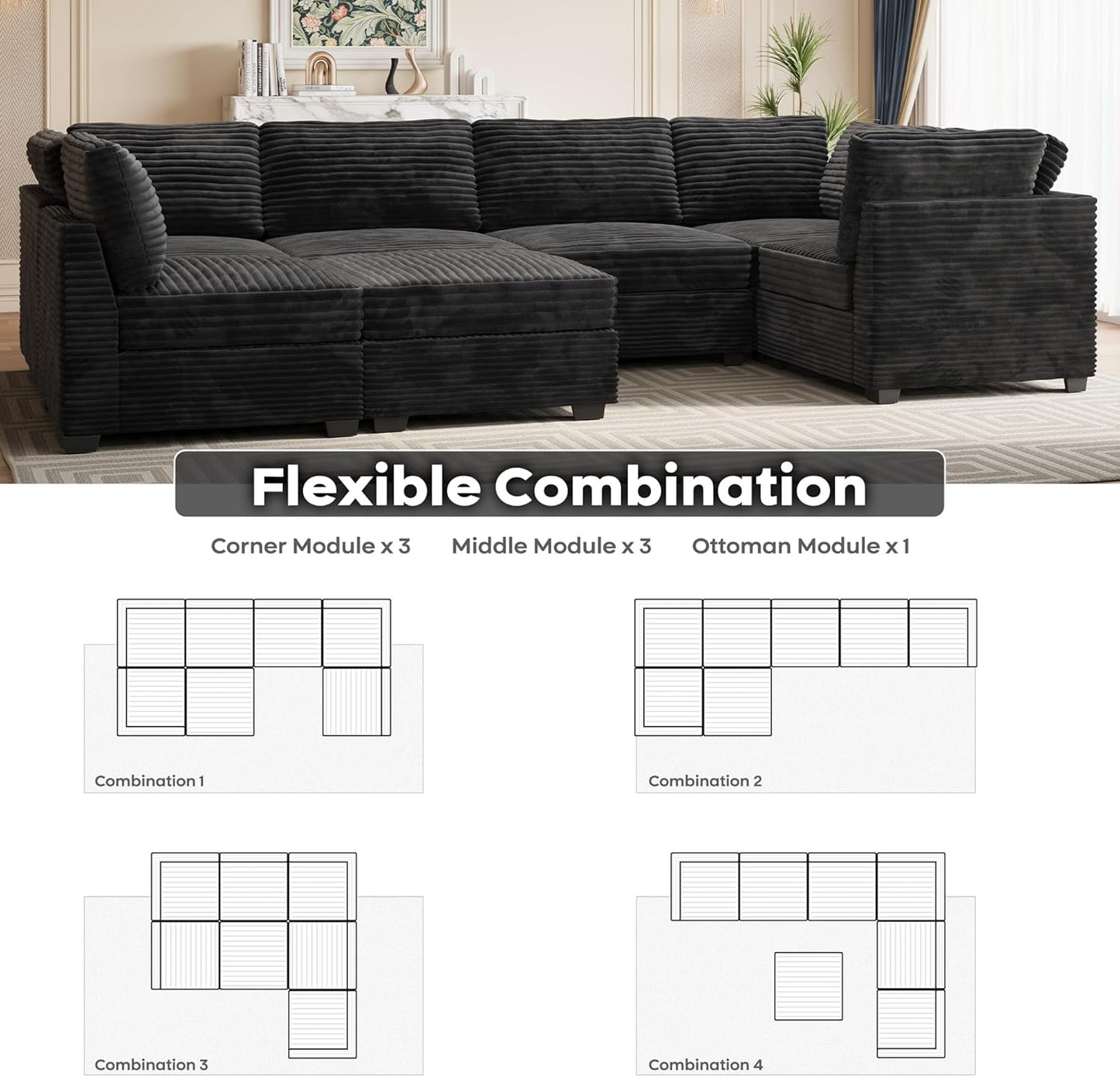 ovios Sectional Sofa Couch with U-Shape Chaise Sofa Bed, Comfy Modular Cloud Couches with Deep Seat, Modern Upholstered Plush Corduroy Sofas Set for Living Room, 7-Seater, Black