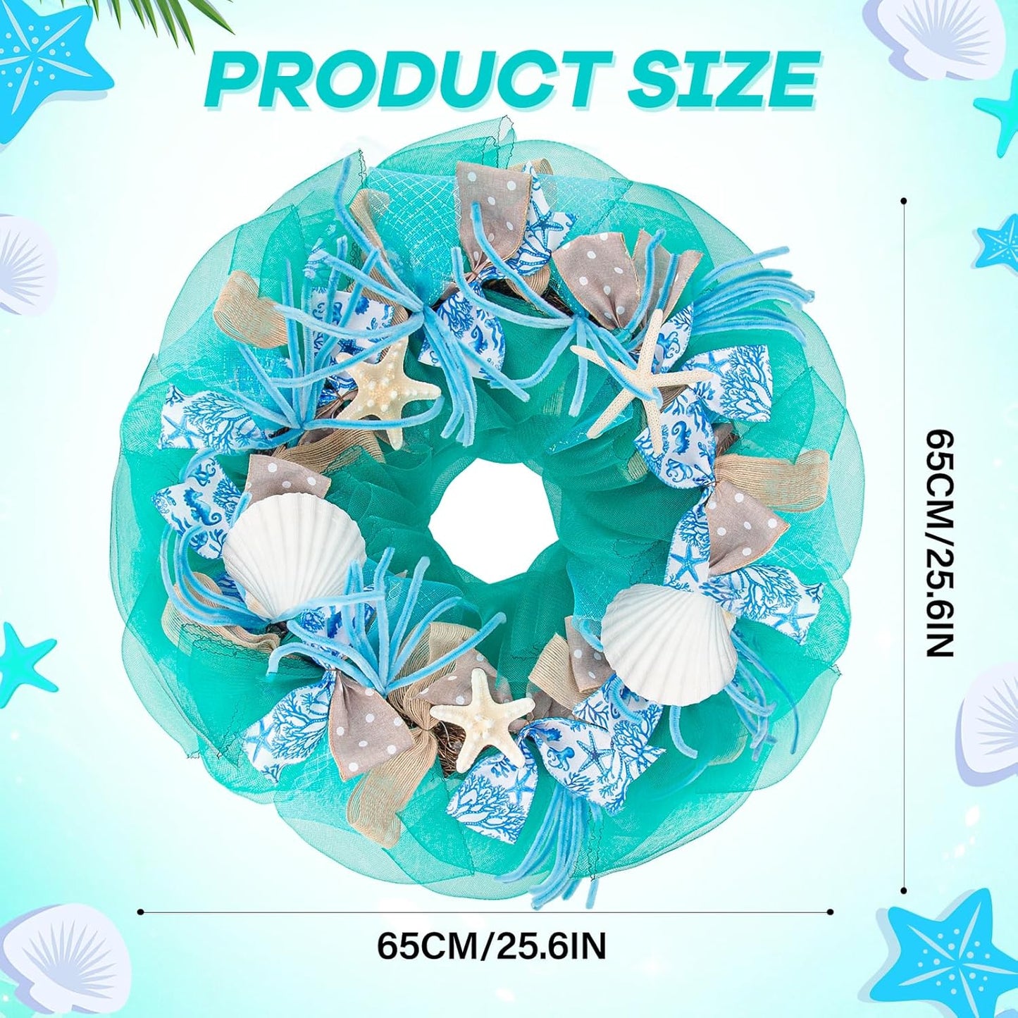 26 Inch Coastal Seashell Large Wreath with Natural Starfish & Scallops Shell, Lake Blue Beach Style Front Door Wreath with for Spring Summer, Farmhouse Rustic Indoor Outdoor Home Wall Wedding Decor