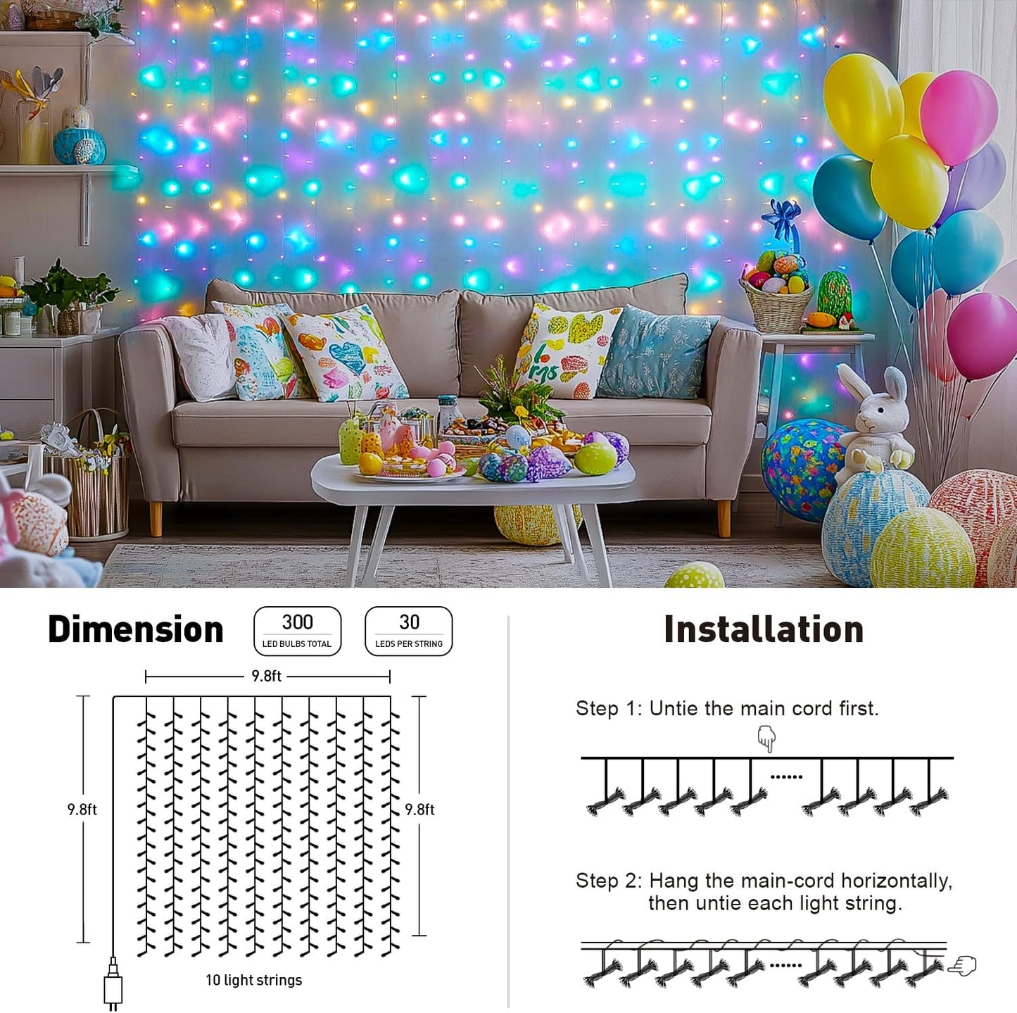 JMEXSUSS 300LED Easter Decorations Curtain Lights with Remote, 9.8x9.8ft Easter Sting Lights Plug in for Bedroom Wall Window Party Backdrop Porch Patio Garden Yard Indoor Outdoor Decor