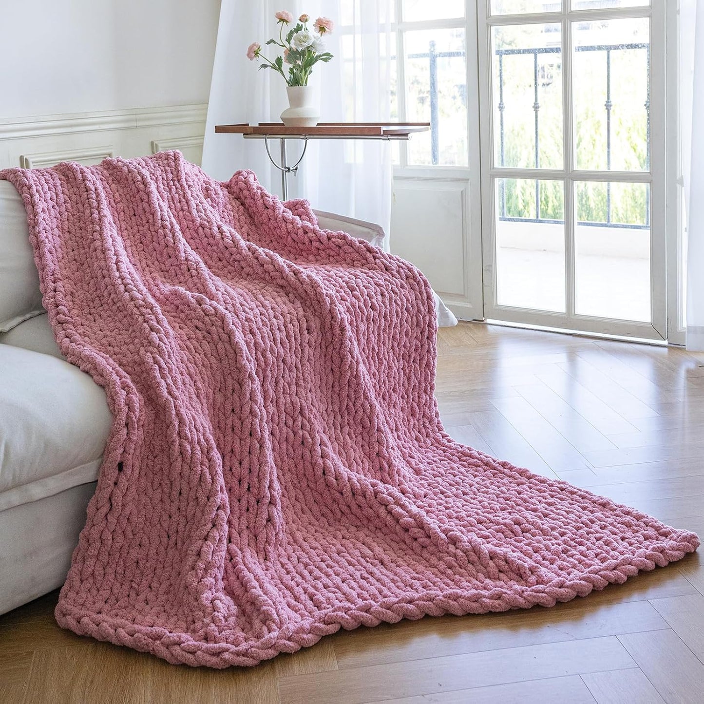 Chunky Knit Blanket - Luxury Soft Cozy 60 * 80 Throw Blanket,100% Woven Blanket Rope Knot Throw Blanket for Couch, Sofa, Home Decor, Gift - Machine Washable(Pink)