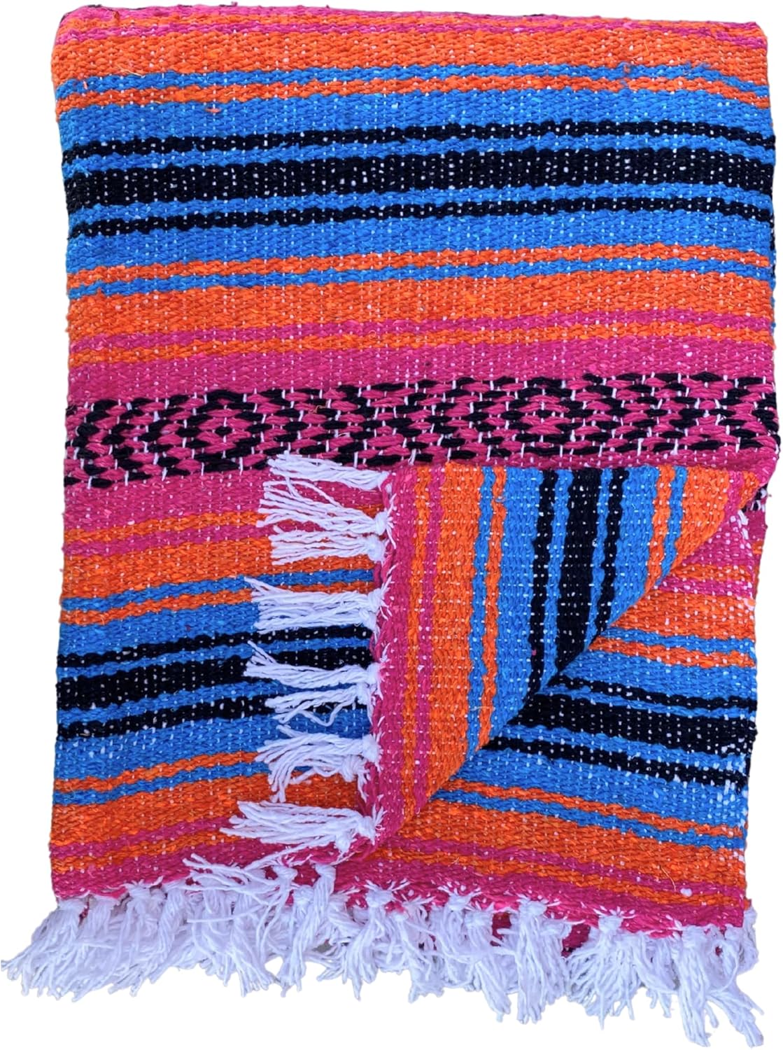 Del Mex Classic Mexican Blanket, Large Authentic Woven Falsa Throw (70"x50"), Artisan Southwest Décor for Beach, Yoga, Outdoors (Turquoise/Pink/Orange)