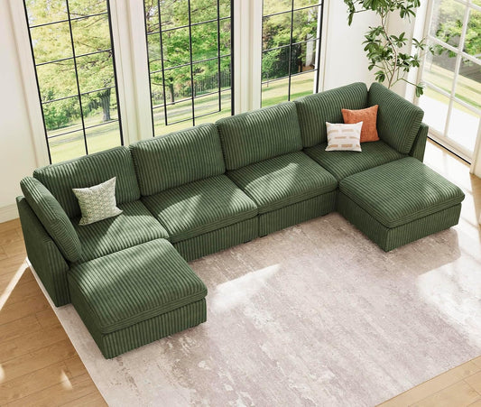 Belffin Modular Sectional Sofa with Storage Ottoman, Oversized Cloud Couch Sectional with Extra Deep Seat, Convertible Upholstered U Shaped Sectional Couches for Living Room, Plush Corduroy Green