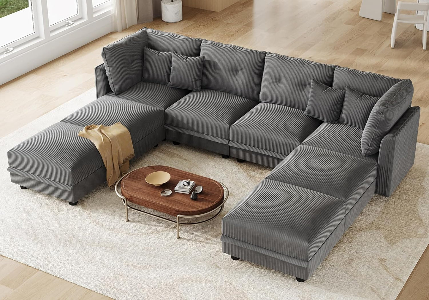 LLappuil Modular Sectional Sofa with Storage Seats, Corduroy Convertible Modular U Shaped Sectional Couch for Living Room, 8 Seat Oversized Sofa with 6 Back Cushion 6 Throw Pillow, Grey