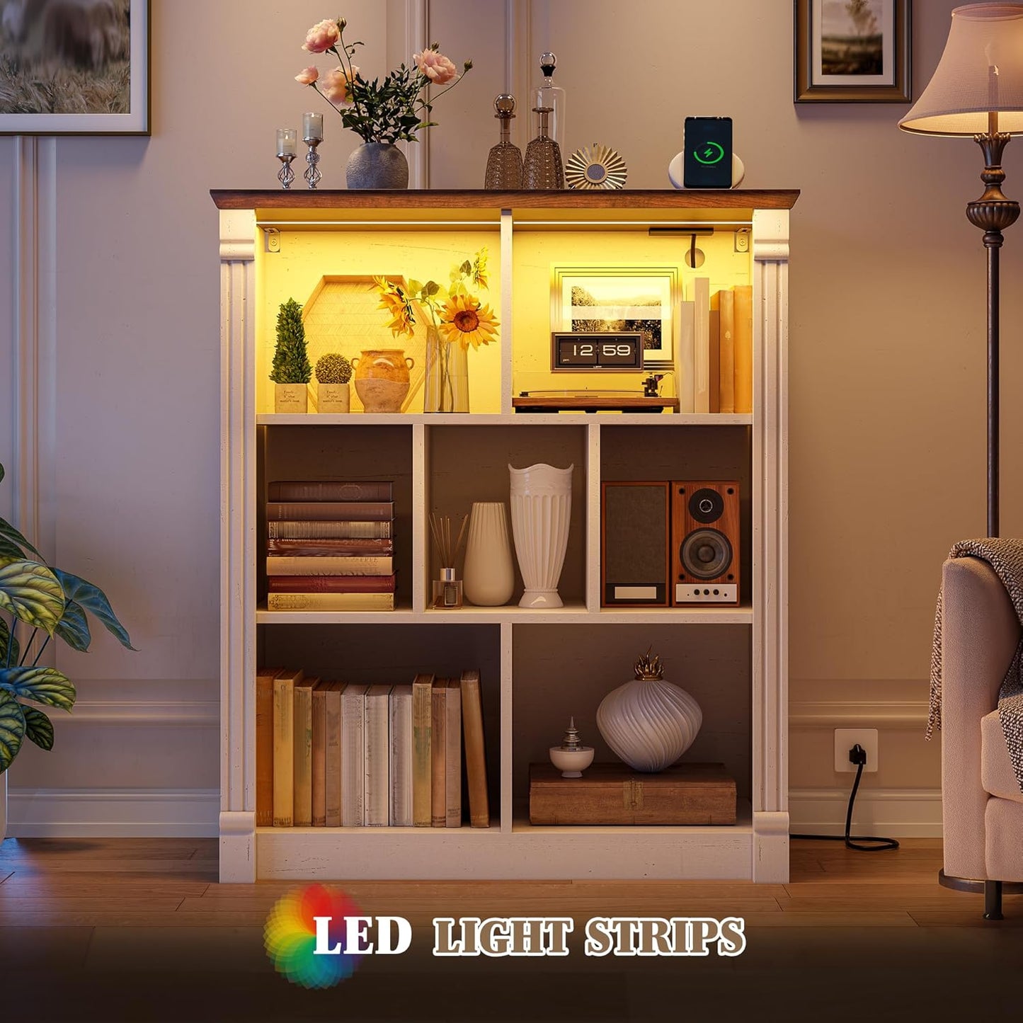 EnHomee 7 Cube Storage Organizer with LED Light and Charging Station Wood Cube Shelf White Bookshelf for Bedroom Living Room,Office,White