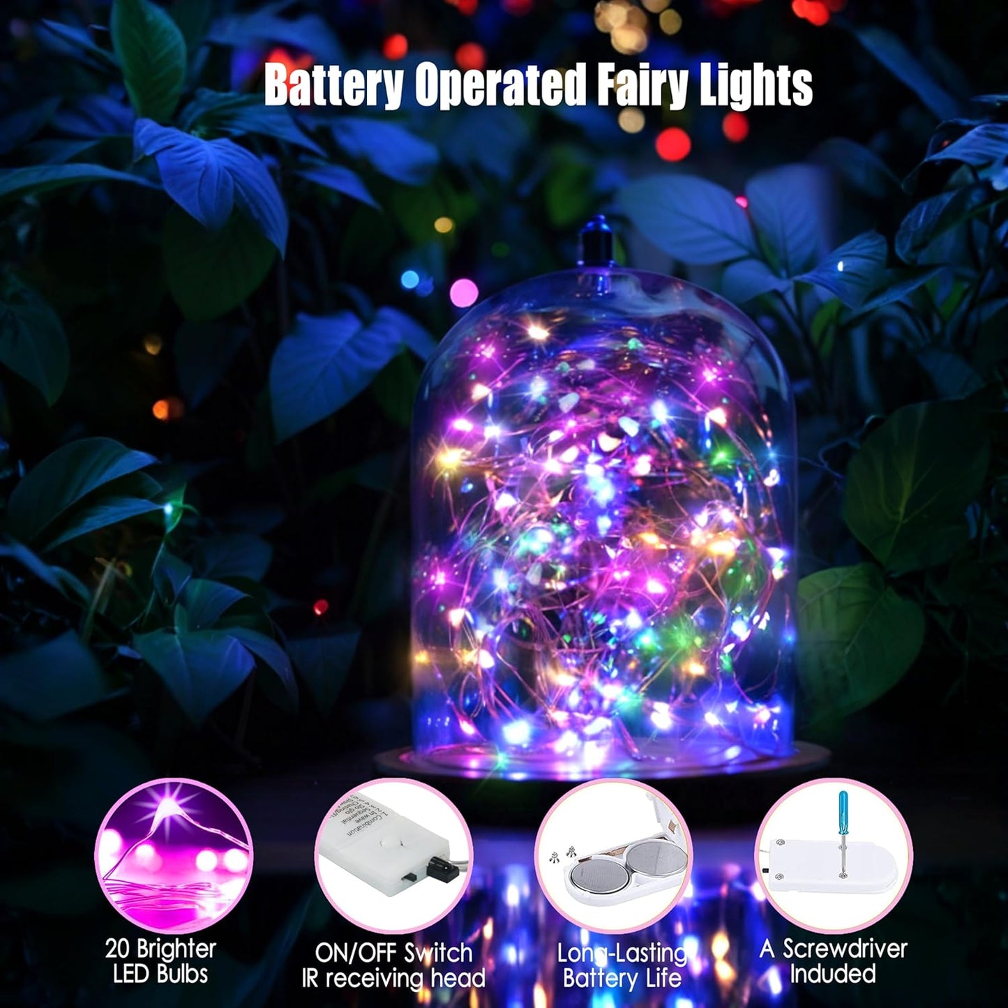 6 Pack Fairy Lights Battery Operated with Timer 2PCS Remote 6.5ft 20LED Multicolor Twinkle Lights Waterproof Silver Wire Fireflies Lights DIY Mason Jar Wedding Party Christmas Centerpiece Table Deco