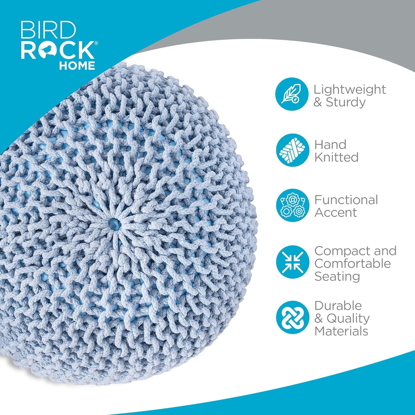 BIRDROCK HOME Round Pouf Ottoman | Cotton Braided Foot Stool with Bean Bag Filling | Boho Foot Rest for Living Room & Bedroom | Compact & Comfortable Seating, Lightweight & Soft | Soft Blue