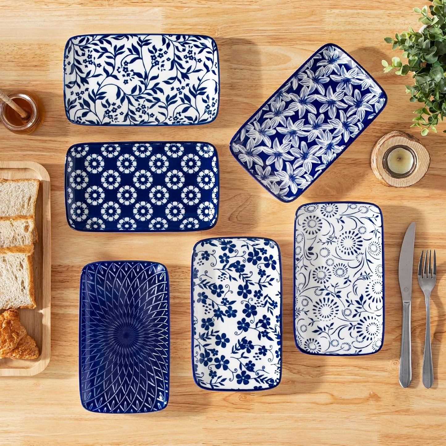 vancasso Selene 8.5 Inch Rectangular Salad Plates Set of 6, Ceramic Salad Plates for Sushi, Dessert, Appetizer, Porcelain Platters for Kitchen Decor, Microwave & Oven Safe, Vintage Blue & White Color