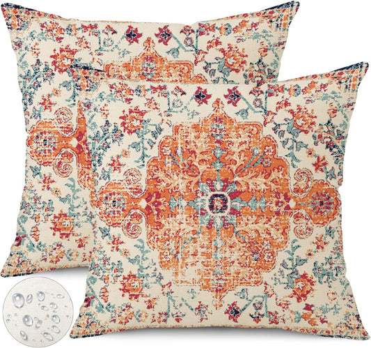 Outdoor Waterproof Pillow Covers 18X18 Inch Set of 2 - Bohemian Vintage Carpet Pattern Orange Blue Ethnic Design Decorative Farmhouse for Couch Garden Balcony
