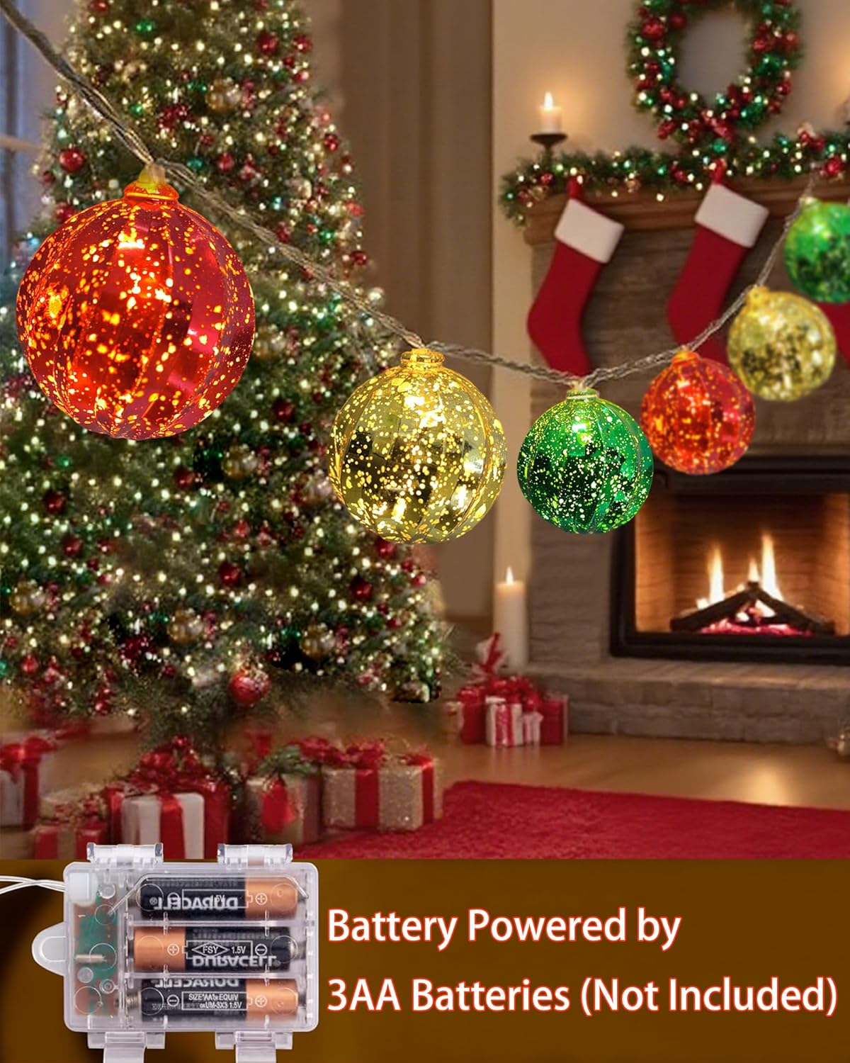 Christmas Tree Ball Ornament Lights 7FT Battery Operated Christmas Lights Indoor 10 LED Colored Ball Light with 8 Modes & Timer, Xmas Globe String Light for Bedroom Party Fireplace Porch Decor