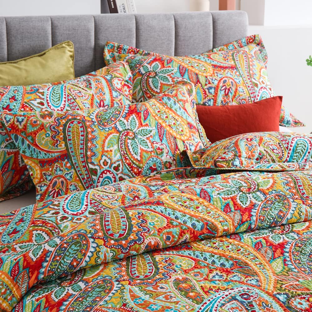 Autumn Dream Cotton Bedspread Quilt Sets, 3 Pieces Reversible Comforter Coverlet Sets, Yellow Gorgeous Paisley Bedspread,King Size