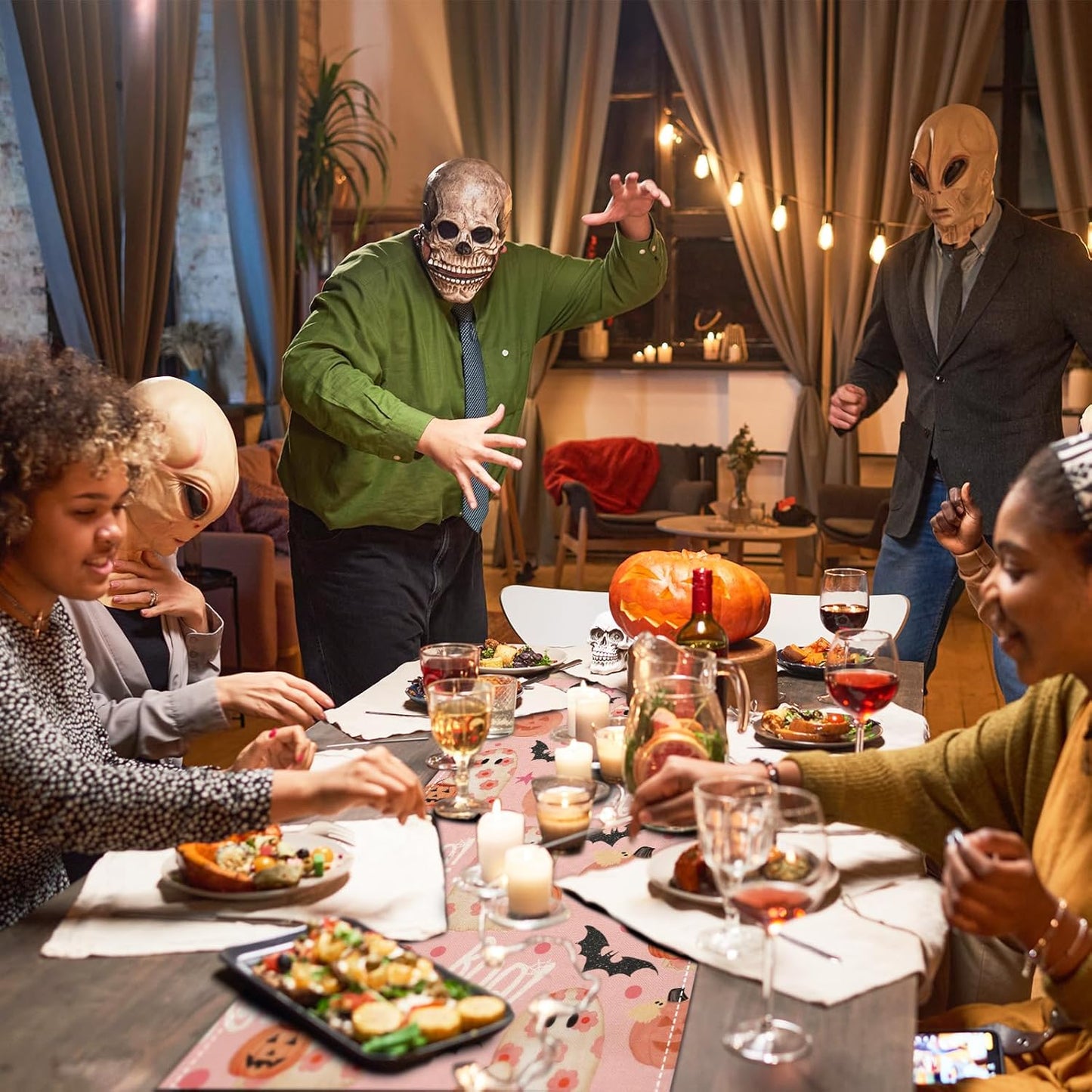 AnyDesign Halloween Table Runner Pink Spooky Ghost Pumpkin Table Cover Kitchen Dining Table Decoration Pink Halloween Table Dresser Scarves for Indoor Outdoor Home Party, 13 x 72 Inch