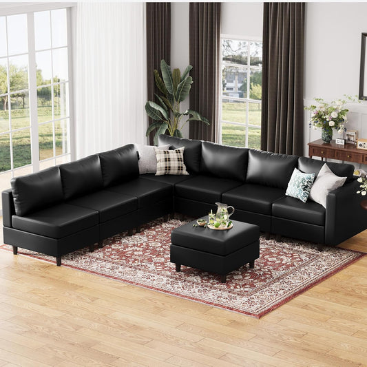 ABCASA 118.5" Faux Leather Modular Sectional Convertible Sofa, L Shaped Couch Set for Living Room, Large 8-Seater Comfy Cloud Couches with Movable Storage Ottoman DIY Combination - Black