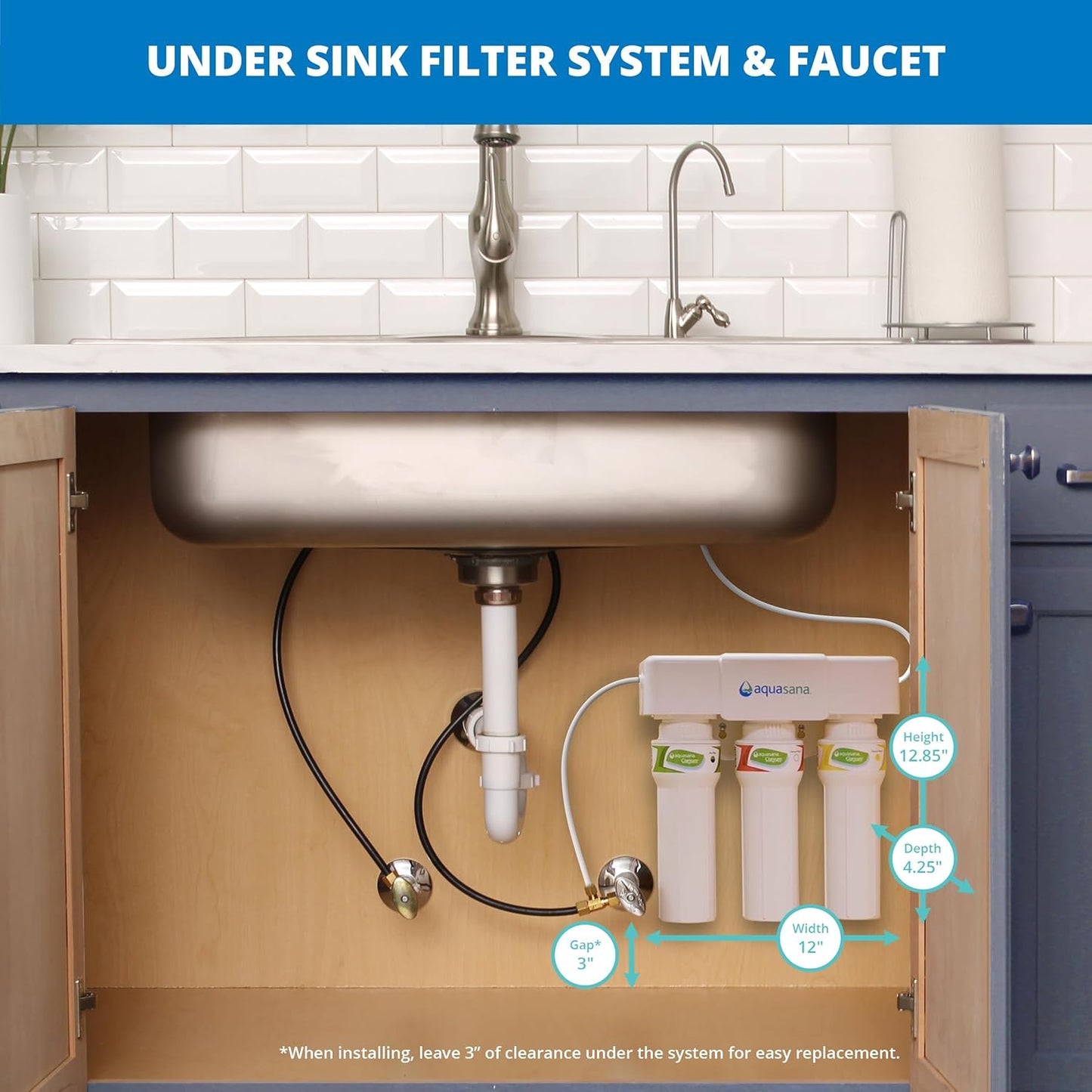 Aquasana Under Sink Water Filter System - Reduces PFAS, Lead, & Chlorine in Drinking Water - Under Counter Claryum Filtration for Kitchen - 3-Stage Max Flow - Chrome Faucet - AQ-5300+.56