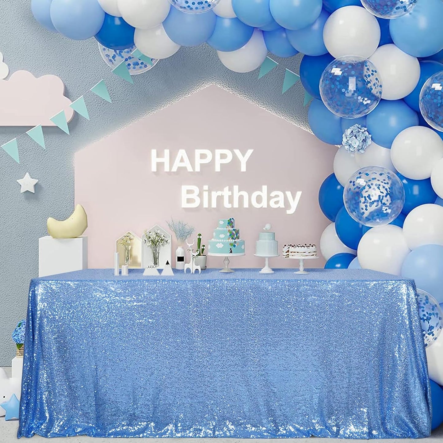 SquarePie Sequin Tablecloth 90 x 132 Inch Baby Blue Sparkly Table Linen for Wedding Party