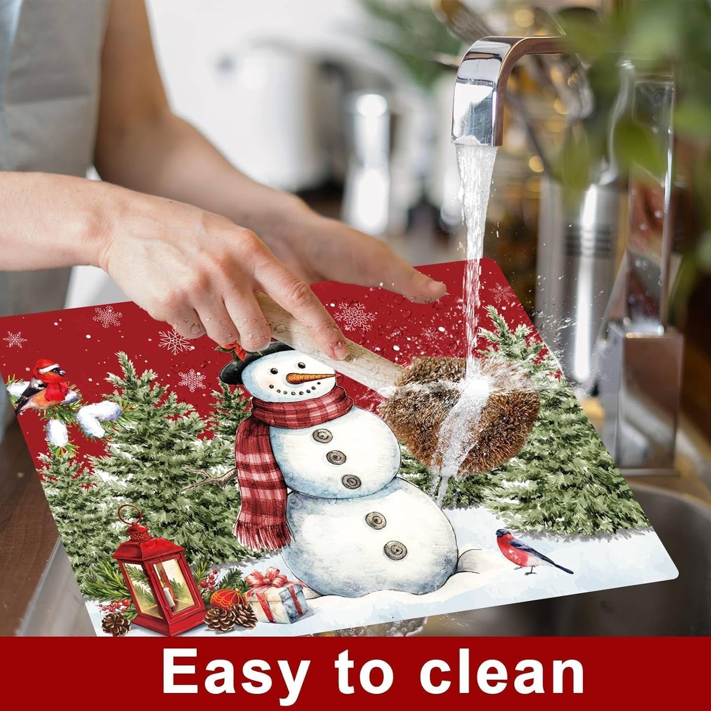 Winter Christmas Placemats Set of 6 Red Blue Snowman Plastic Table Mats Christmas Tree Birds Place Mats Washable Vinyl Seasonal Winter Table Decoration for Indoor Outdoor Party Kitchen Dining