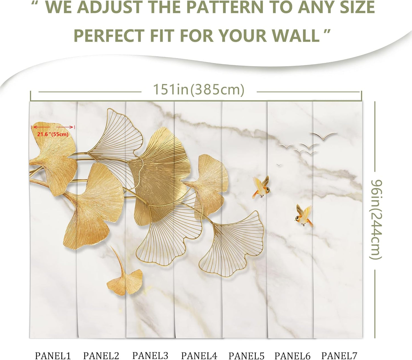 Golden Ginkgo Leaves Wall Mural Fake Marble Wallpaper for Bedroom Living Room (Not Peel n' Stick)