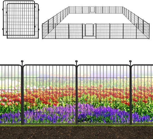 Decorative Black Metal Fencing Garden Fence with Gate, 73ft(L) 32in(H) 32 Fence Panels No Dig Fence Rustproof Animal Barrier Fence Temporary Dog Panels Fencing Outdoor