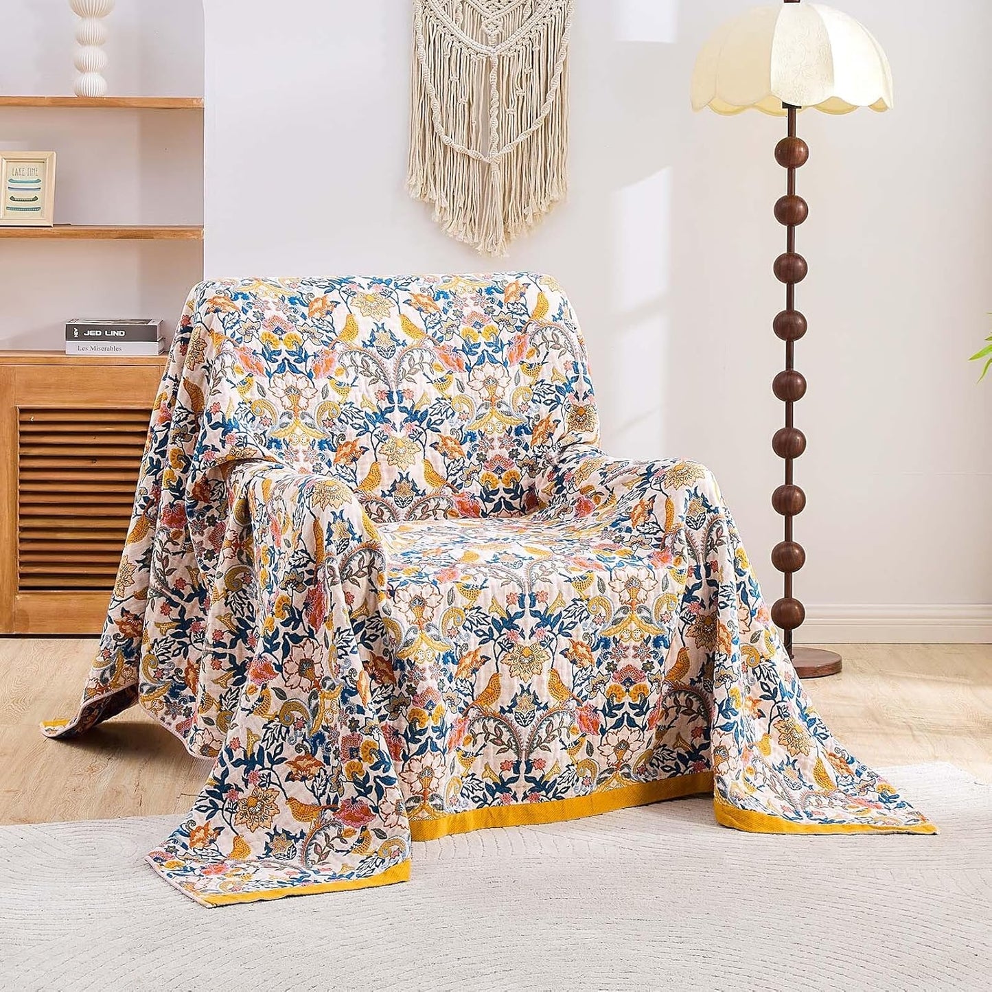 Boho Blanket Throw Quilt, 100% Cotton Soft Light Weight Throw Blankets for Summer, 50"x60" Farmhouse Flower Decorative Blankets, All Season Rustic Reversible Bohemian Throw Quilt