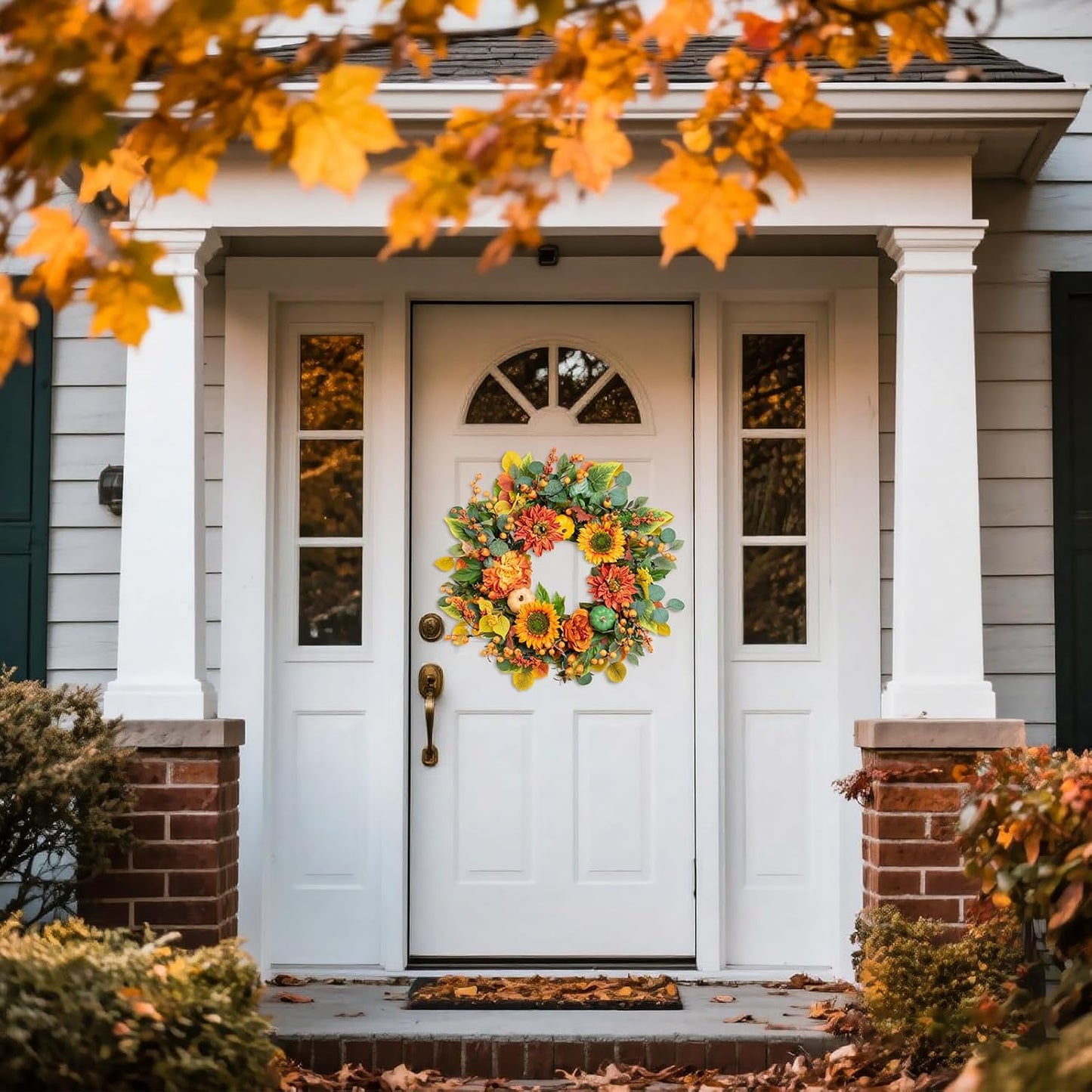 Fall Wreaths for Front Door 24 Inch Autumn Wreath with Sunflowers, Orange Dahlias, Maple Leaves & Berries – Fall Door Wreath for Outdoor or Indoor Thanksgiving Decor