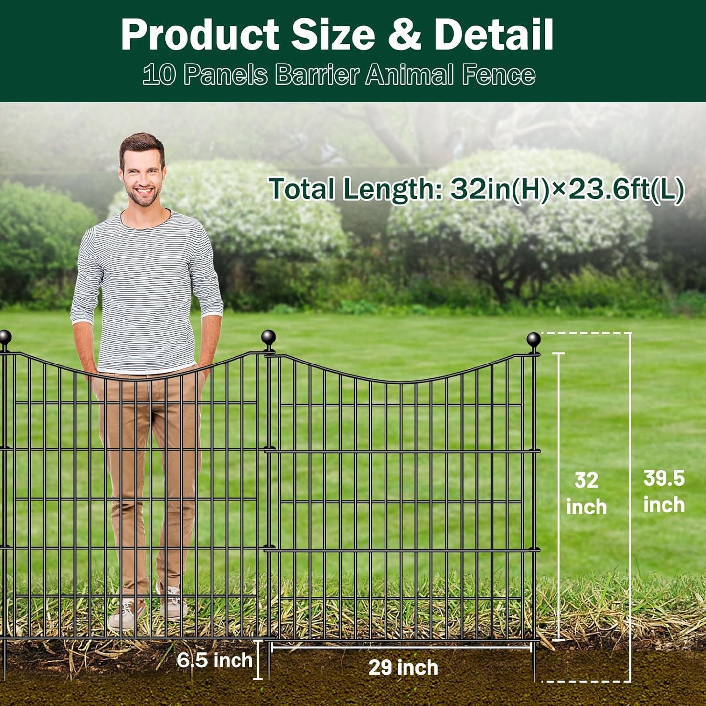 10 Panels No Dig Dog Fence Outdoor for Yard, 32 in(H) X 23.6 ft(L) Decorative Tall Garden Fence Animal Barrier, Rustproof Metal Wire Garden Edging and Borders, Temporary Fencing Stakes
