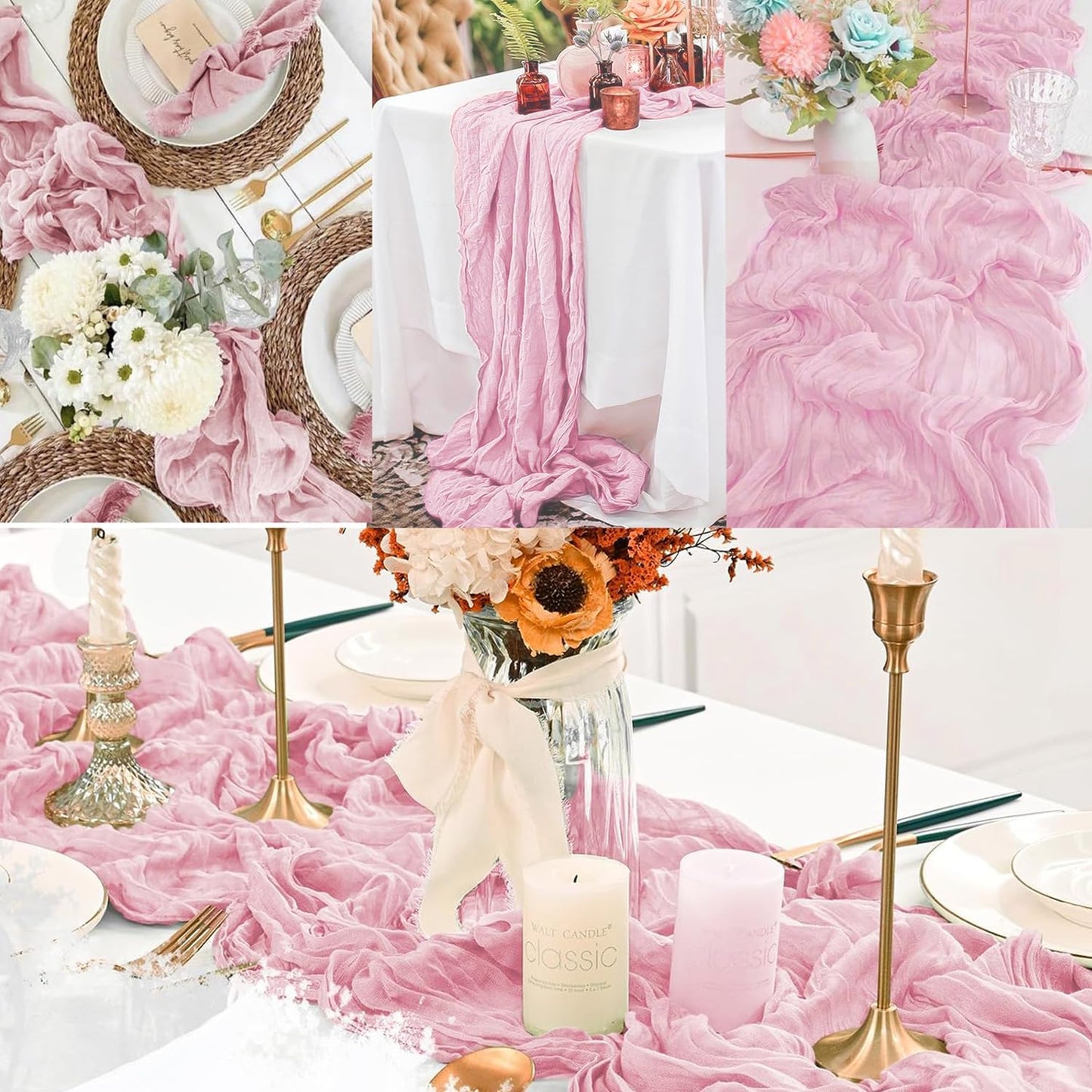 Light Pink Cheesecloth Table Runner 20 Pack 10FT Rustic Gauze Fabric Cheese Cloth Table Runner for Wedding 20 x 120 Inch Long Bridal Baby Shower Table Decorations Boho Sheer Birthday Party Table Decor