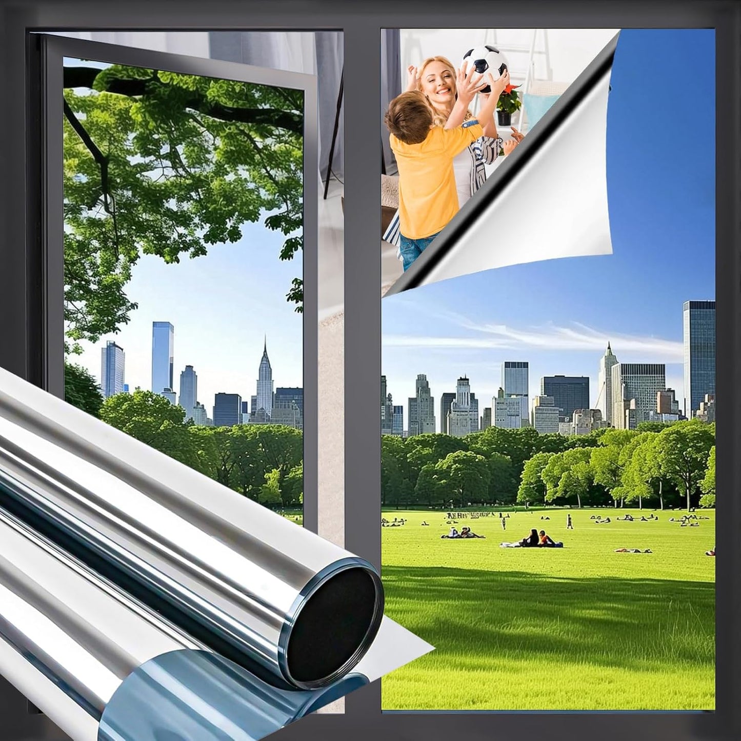 Niviy One Way Privacy Window Film See Out Not in Window Tint for Home Heat Blocking Anti UV Glass Door Mirror Reflective Window Film for Home Office (Silver 35.4" x 118")