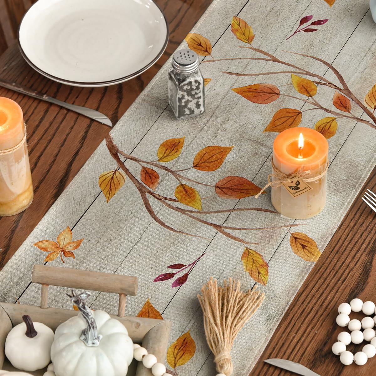 Artoid Mode Wood Gnomes Pumpkins Sunflower Leaves Fall Table Runner, Seasonal Autumn Kitchen Dining Table Decoration for Home Party Decor 13x72 Inch