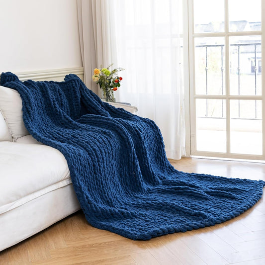 Chunky Knit Blanket - Luxury Soft Cozy 50 * 60 Throw Blanket,100% Woven Blanket Rope Knot Throw Blanket for Couch, Sofa, Home Decor, Gift - Machine Washable（Deep Blue）