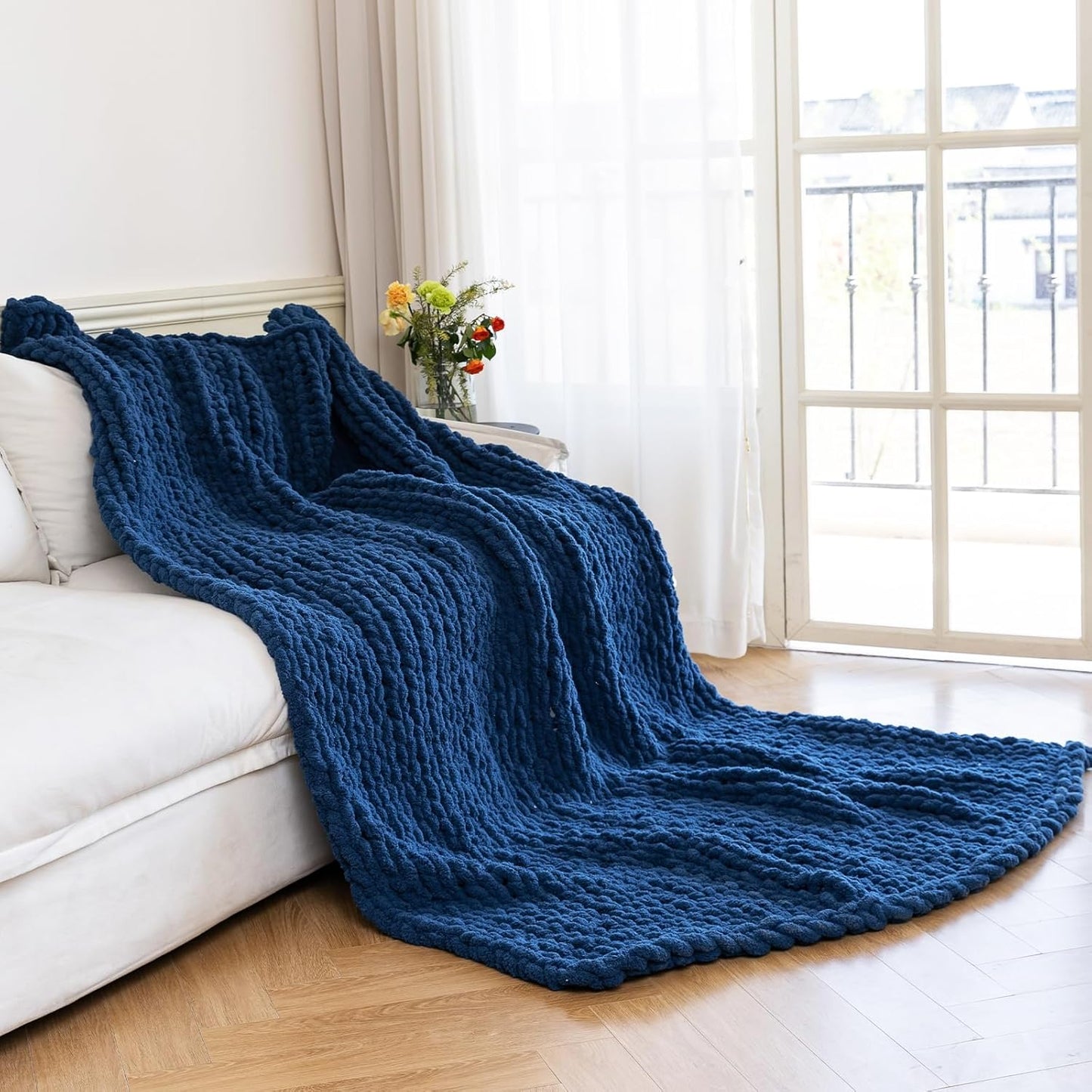 Chunky Knit Blanket - Luxury Soft Cozy 60 * 80 Throw Blanket,100% Woven Blanket Rope Knot Throw Blanket for Couch, Sofa, Home Decor, Gift - Machine Washable（Deep Blue）