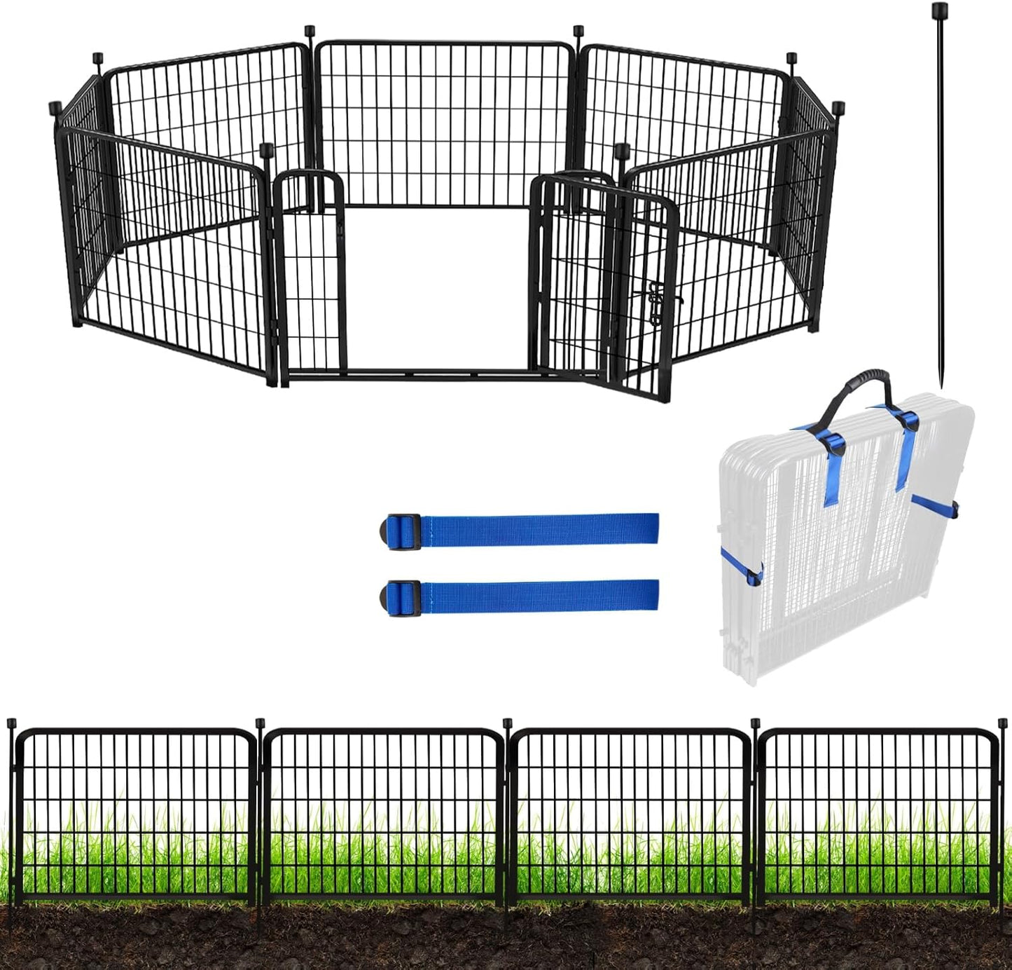 ADAVIN 24 in(H) Garden Fence with Gate, 8 Panels Total 19.7 Ft(L), Heavy Duty Iron Metal Animal Barrier Fence, Dog Fence Outdoor for Yard, Temporary Fencing, No Dig Garden Border Fencing