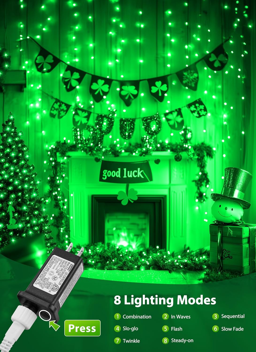 St. Patrick Mini Christmas Lights, 39 Feet 100 LED Fairy String Lights with 8 Lighting Modes, Waterproof Connectable for Indoor Outdoor Xmas Tree Garland Wreath Holiday Decoration, Green