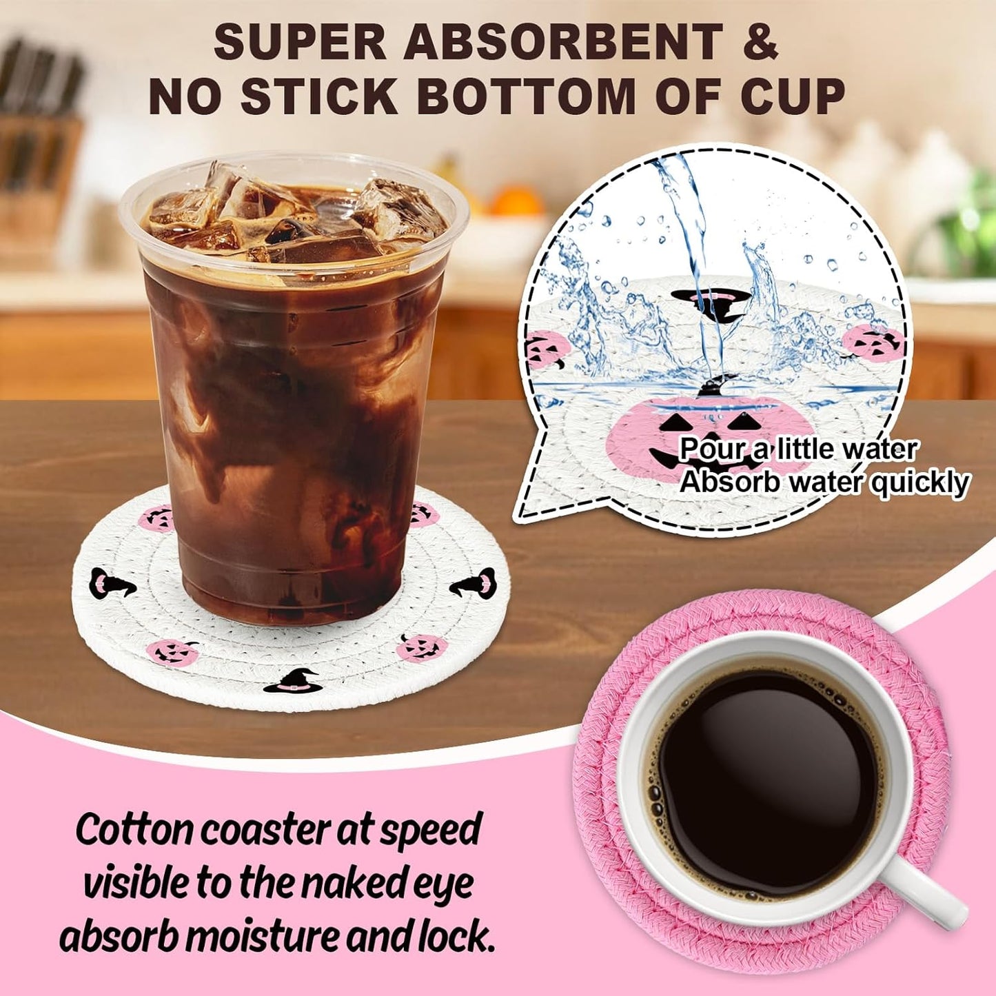 Whaline 4Pcs Halloween Handmade Braided Cotton Coasters Pink Black Pumpkin Ghost Boo Drink Coasters Absorbent Cup Coasters for Home Office Party Decor, 4.3 Inch